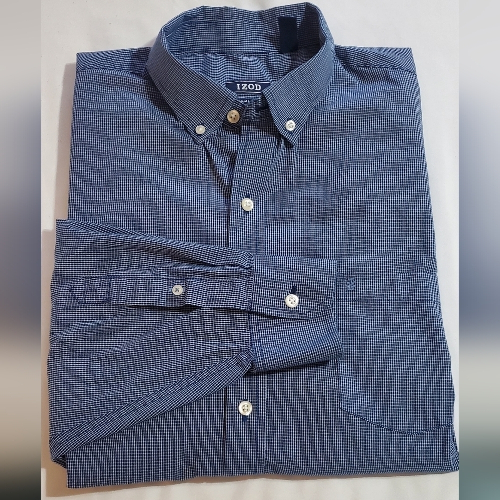 Izod Men's Navy Checkered Button Down Shirt. Sz XL TALL